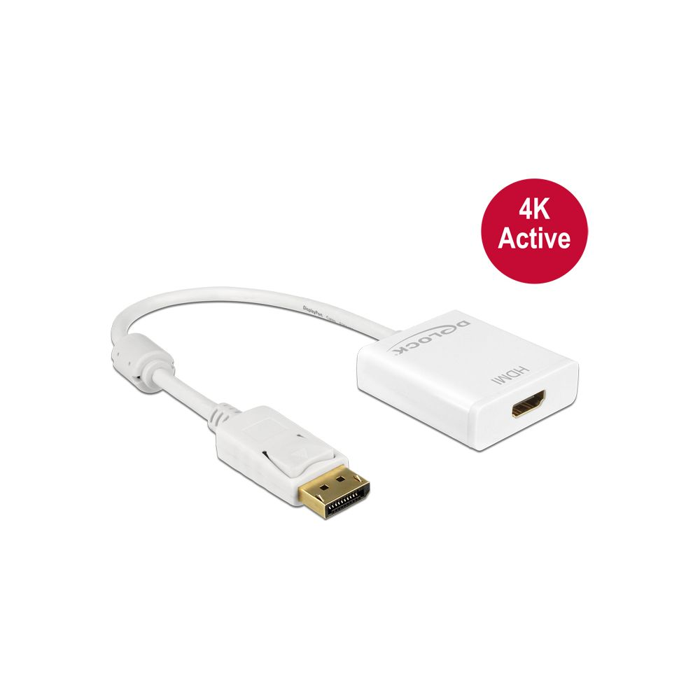 Weißer DisplayPort zu HDMI Adapter mit 4K Active Aufkleber.