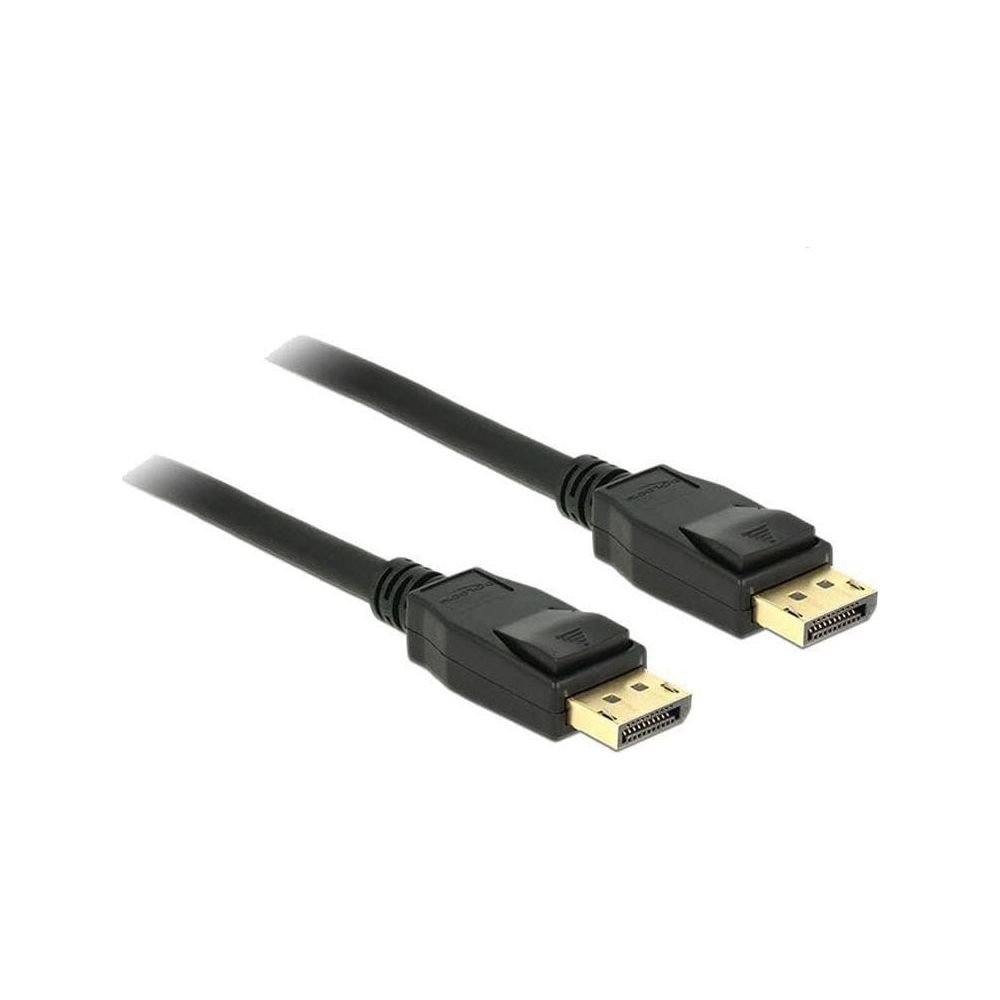 Dwa czarne kable DisplayPort ze złotymi złączami na białym tle.