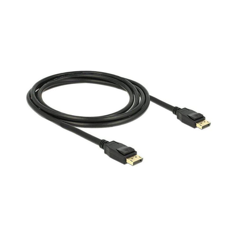 Czarny kabel DisplayPort ze złotymi złączami na białym tle.