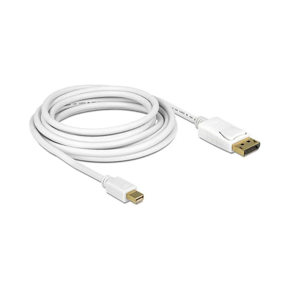 Witte kabel met Mini DisplayPort en DisplayPort connectoren, opgerold.