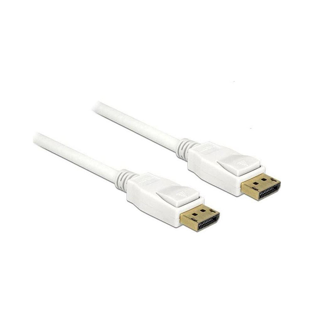 Dwa białe kable DisplayPort ze złotymi złączami na białym tle.