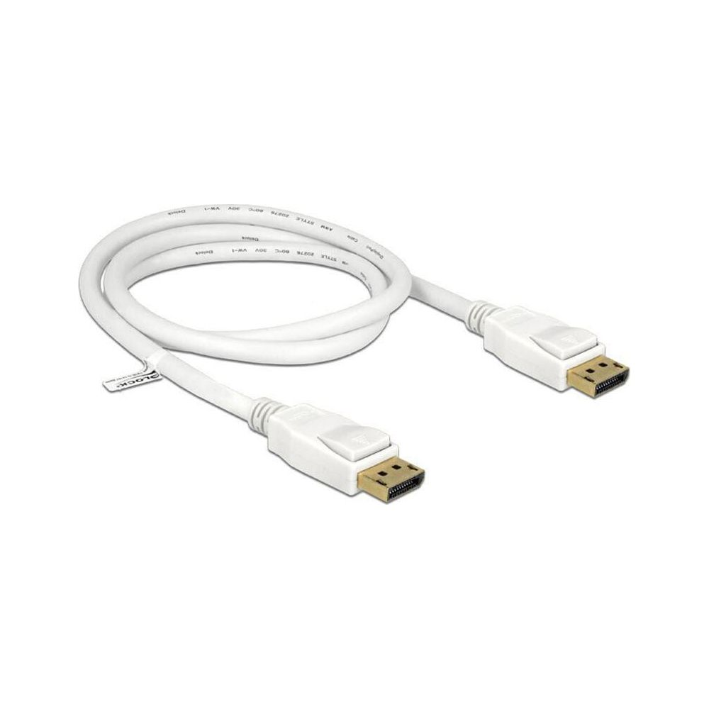 Biały kabel DisplayPort zwinięty ze złotymi złączami na białym tle.