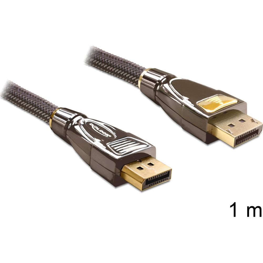 Due connettori DisplayPort con custodie marroni, contatti dorati e un cavo intrecciato.