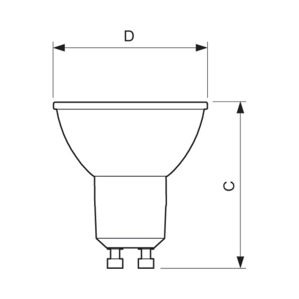 Disegno tecnico di una lampadina con dimensioni D e C.