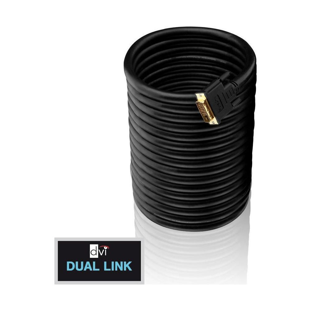 Czarny kabel DVI ze złotym złączem i etykietą "DVI DUAL LINK".