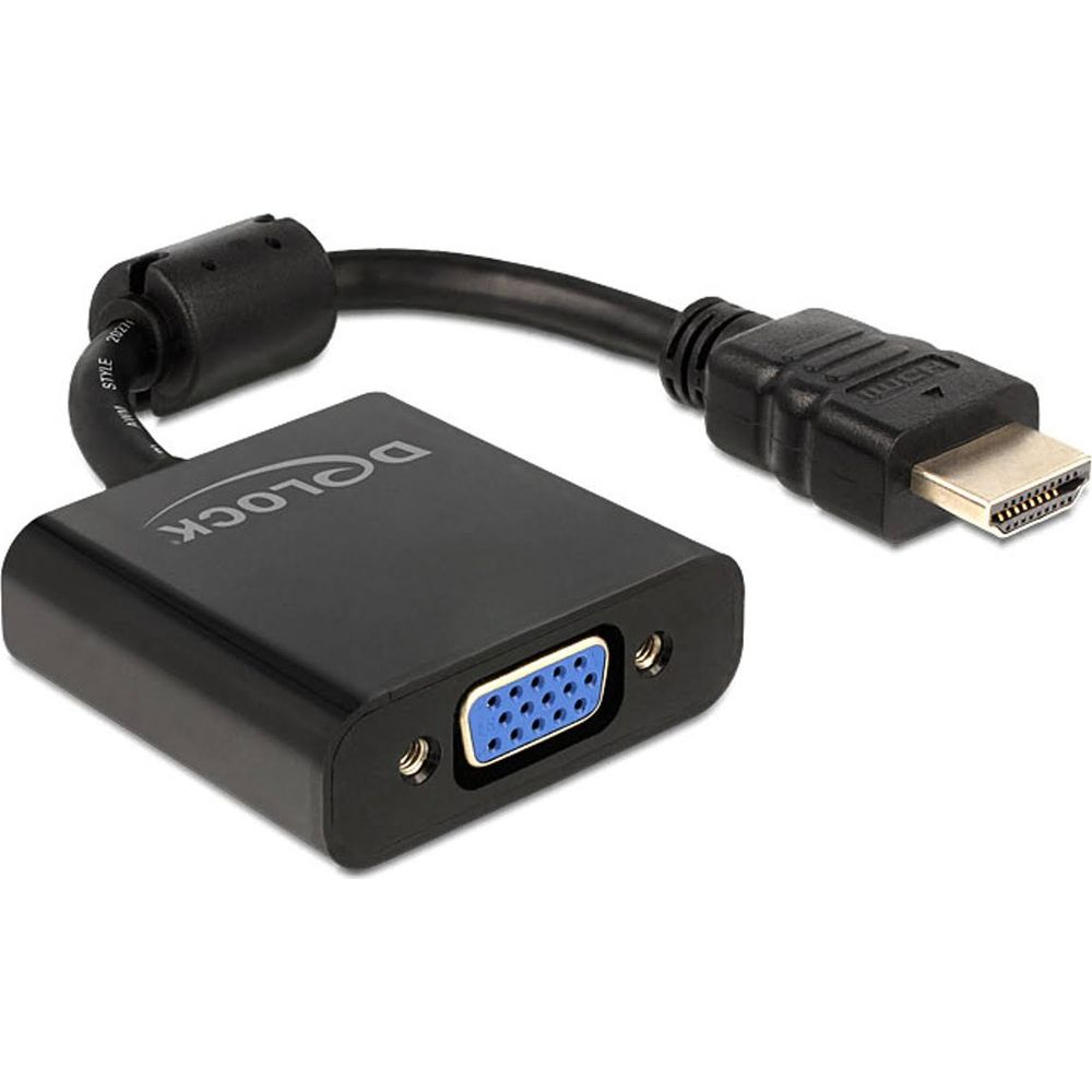 Un adaptador HDMI a VGA negro con un conector HDMI y un puerto VGA.