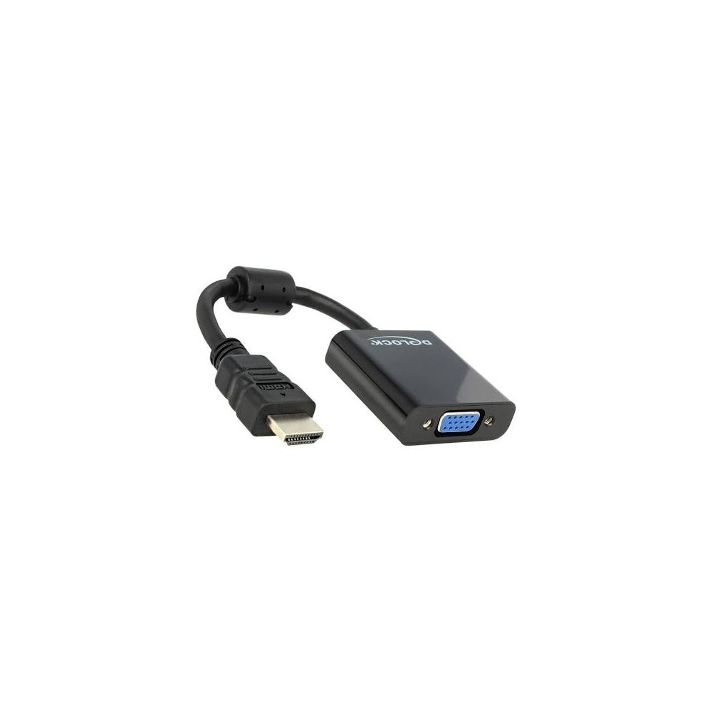 Un adaptador HDMI a VGA negro con cable y conectores.