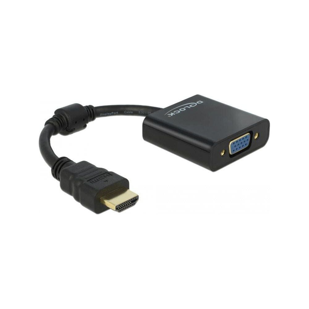 Un adaptador negro DisplayPort a VGA con conector macho HDMI y hembra VGA.