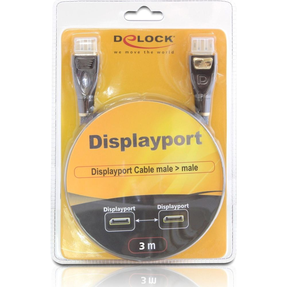 Kabel Delock Displayport, męski na męski, 3m, w opakowaniu.