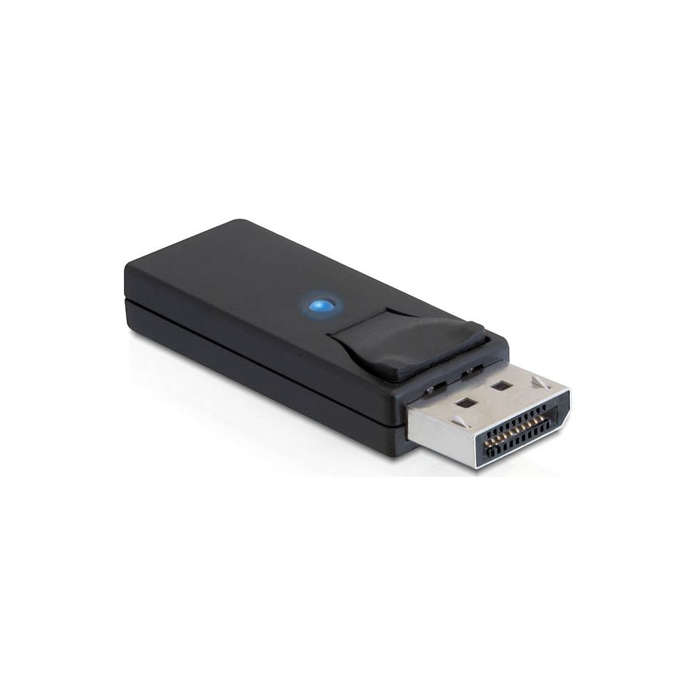 Ein schwarzer DisplayPort-Adapter mit blauem Licht und silbernem Stecker.