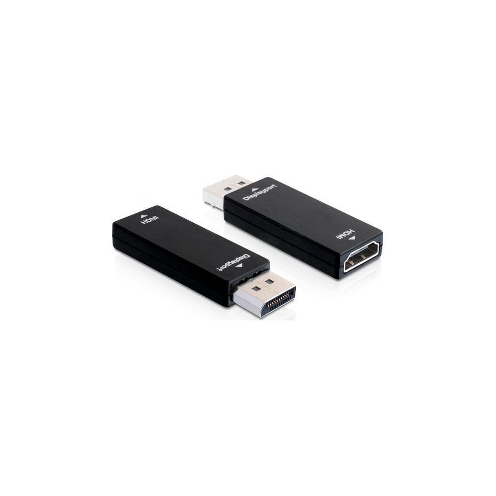 Zwei schwarze Adapter mit HDMI- und DisplayPort-Anschlüssen auf weißem Hintergrund.