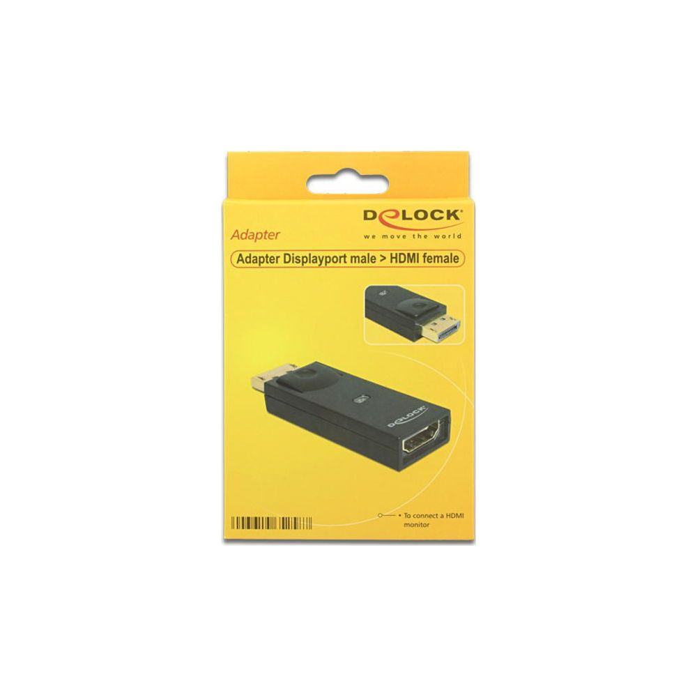 Verpackung eines schwarzen Displayport-zu-HDMI-Adapters von Delock.