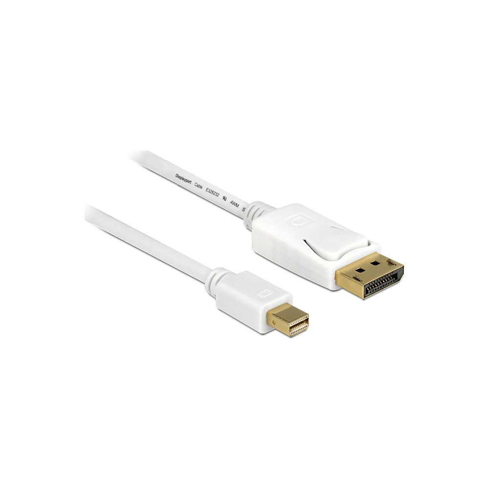 Een witte DisplayPort-kabel met Mini DisplayPort- en DisplayPort-connectoren.