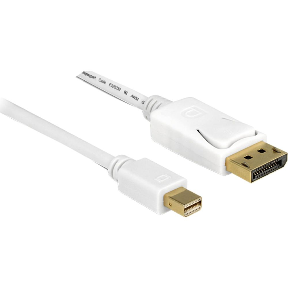 Een witte DisplayPort-kabel met mini DisplayPort-connector en DisplayPort-connector.