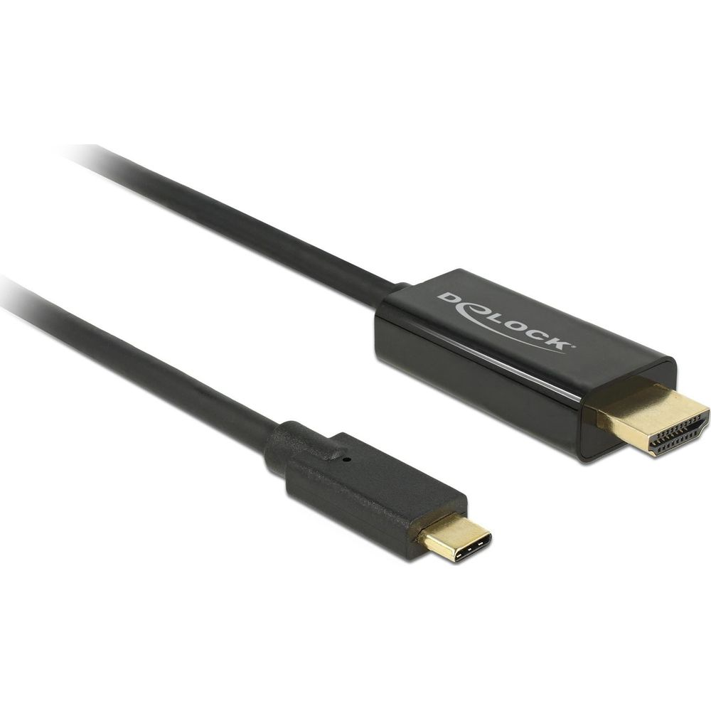Ein schwarzes Kabel mit USB-C- und HDMI-Steckern, Marke DELOCK.