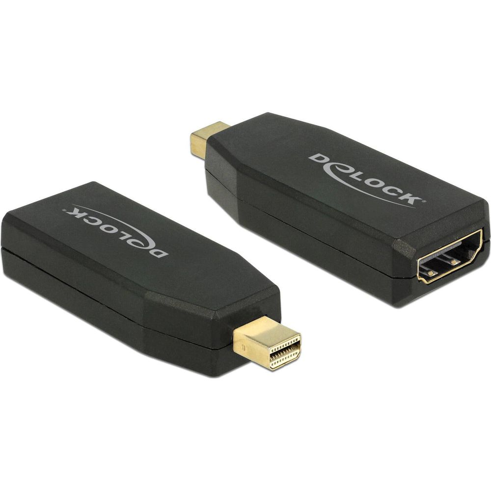 Due adattatori neri Delock, uno con Mini DisplayPort, l'altro con connettore HDMI.