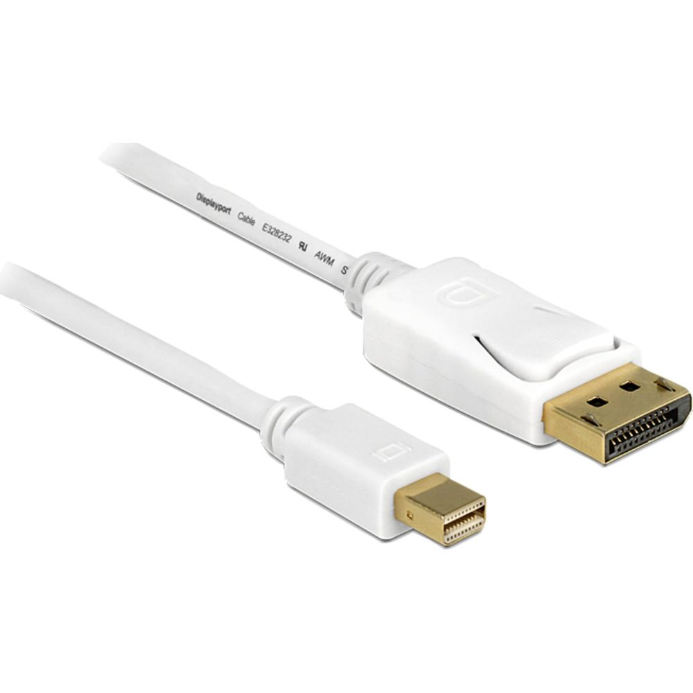 Biały kabel DisplayPort do Mini DisplayPort ze złotymi złączami.