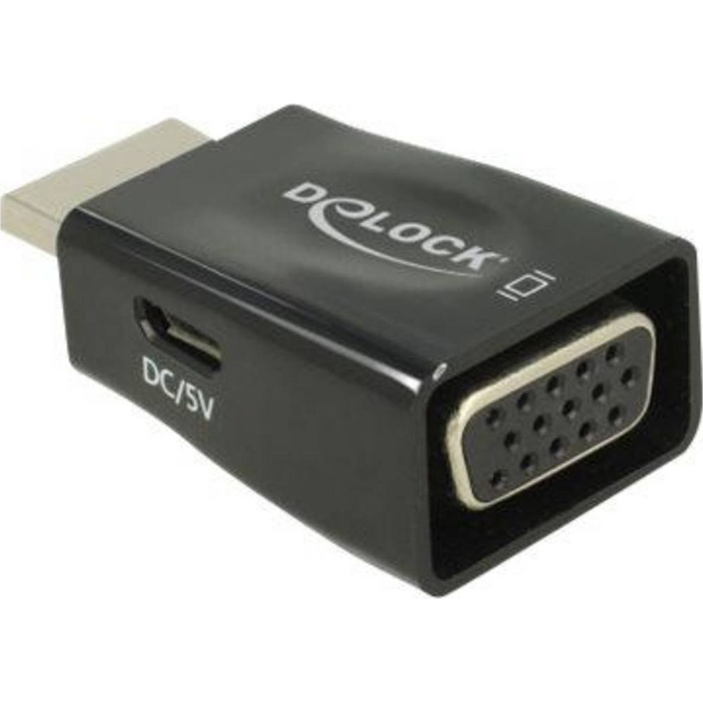 Adaptador negro con conector HDMI, puerto VGA y entrada DC/5V.
