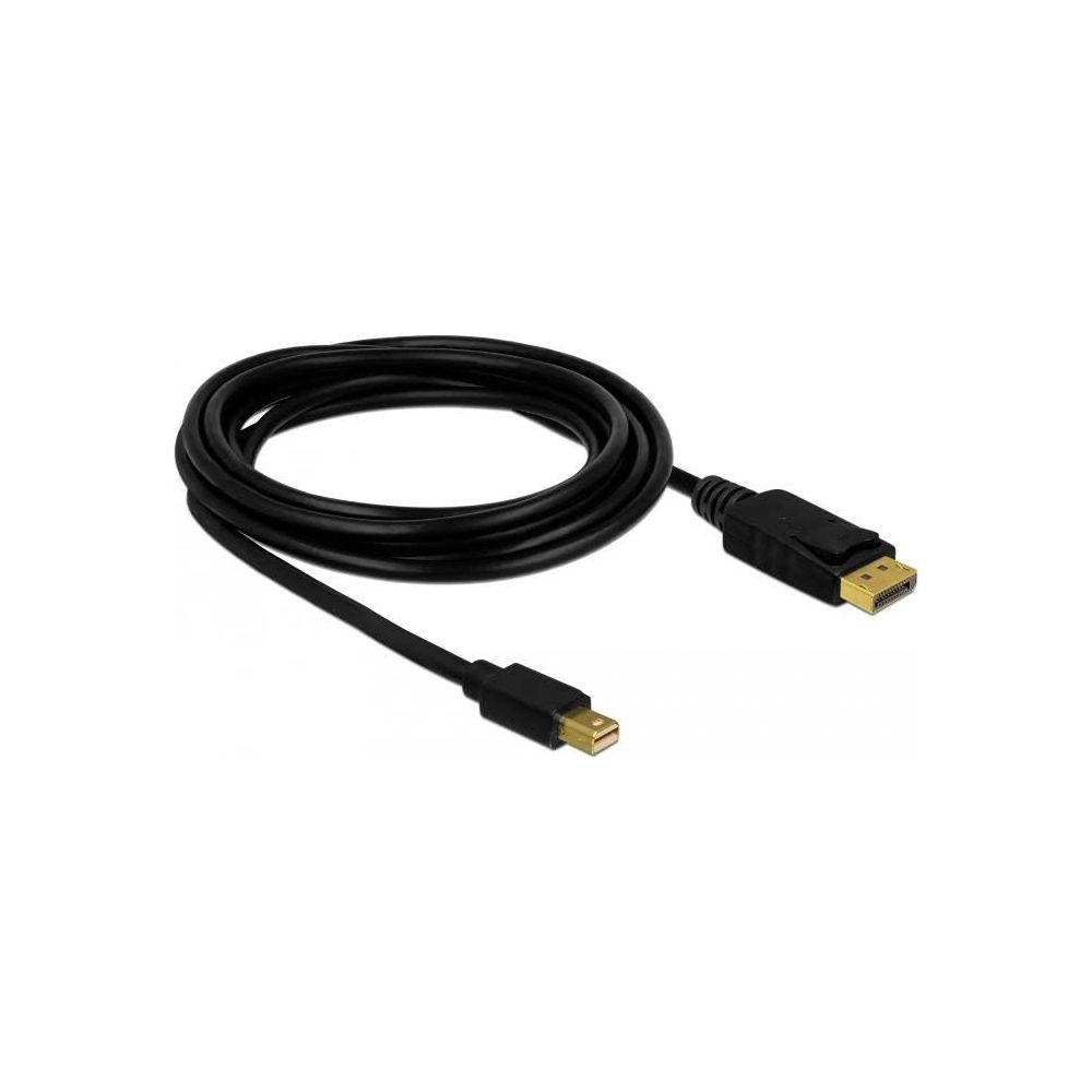 Een zwarte DisplayPort-kabel met gouden connectoren, op witte achtergrond.