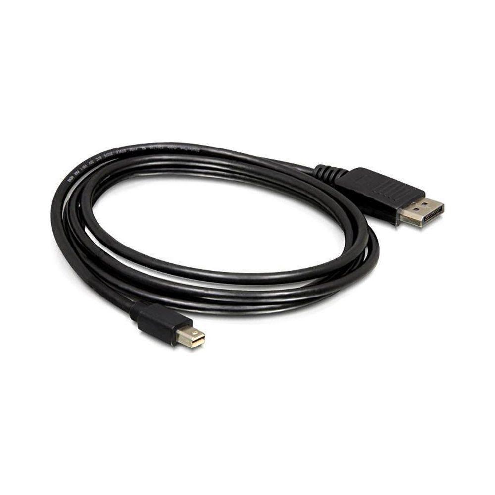 Een zwarte DisplayPort-kabel met twee connectoren, liggend op witte achtergrond.
