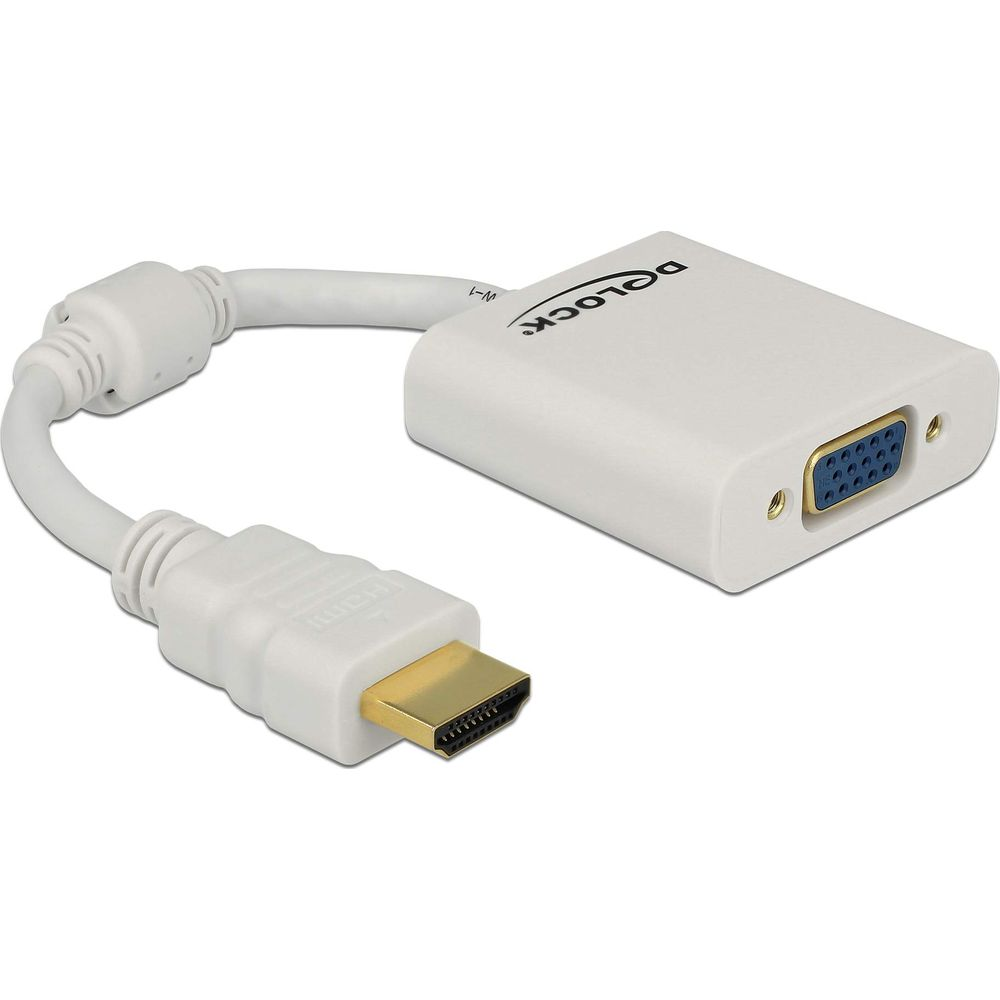 Adaptador blanco HDMI a VGA con cable, sobre fondo blanco.