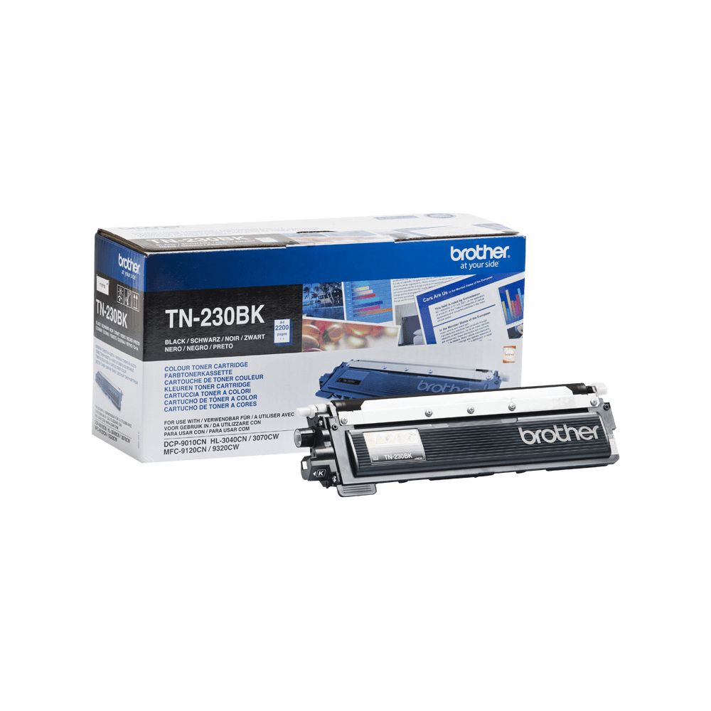Schwarze Brother TN-230BK Tonerkartusche und Verpackung.