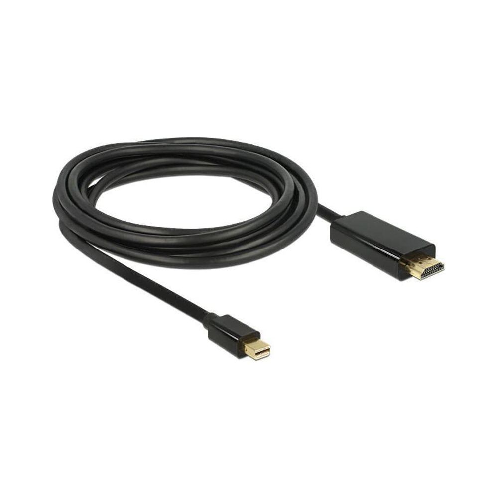 Câble noir avec connecteurs Mini DisplayPort et HDMI sur fond blanc.