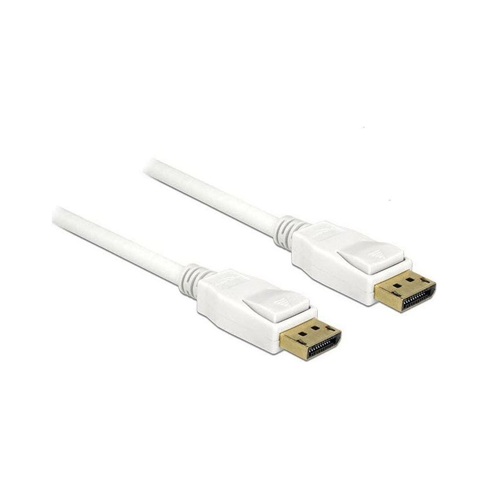 Dwa białe kable DisplayPort ze złotymi złączami na białym tle.