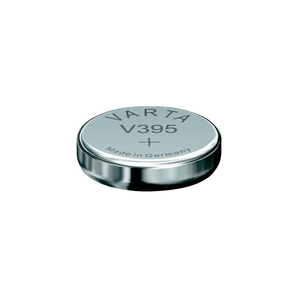 Pila a bottone argentata con scritta VARTA V395 Made in Germany.