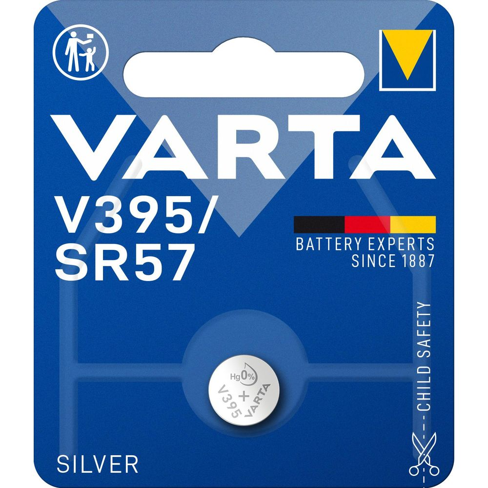 Pila a bottone Varta V395/SR57 argento con logo Hg 0% e sicurezza bambini.