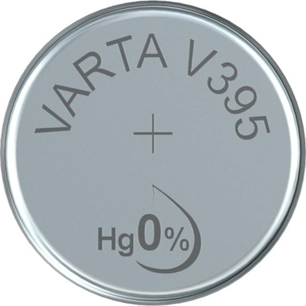 Pila a bottone Varta V395 argentata con marchio Hg 0%.
