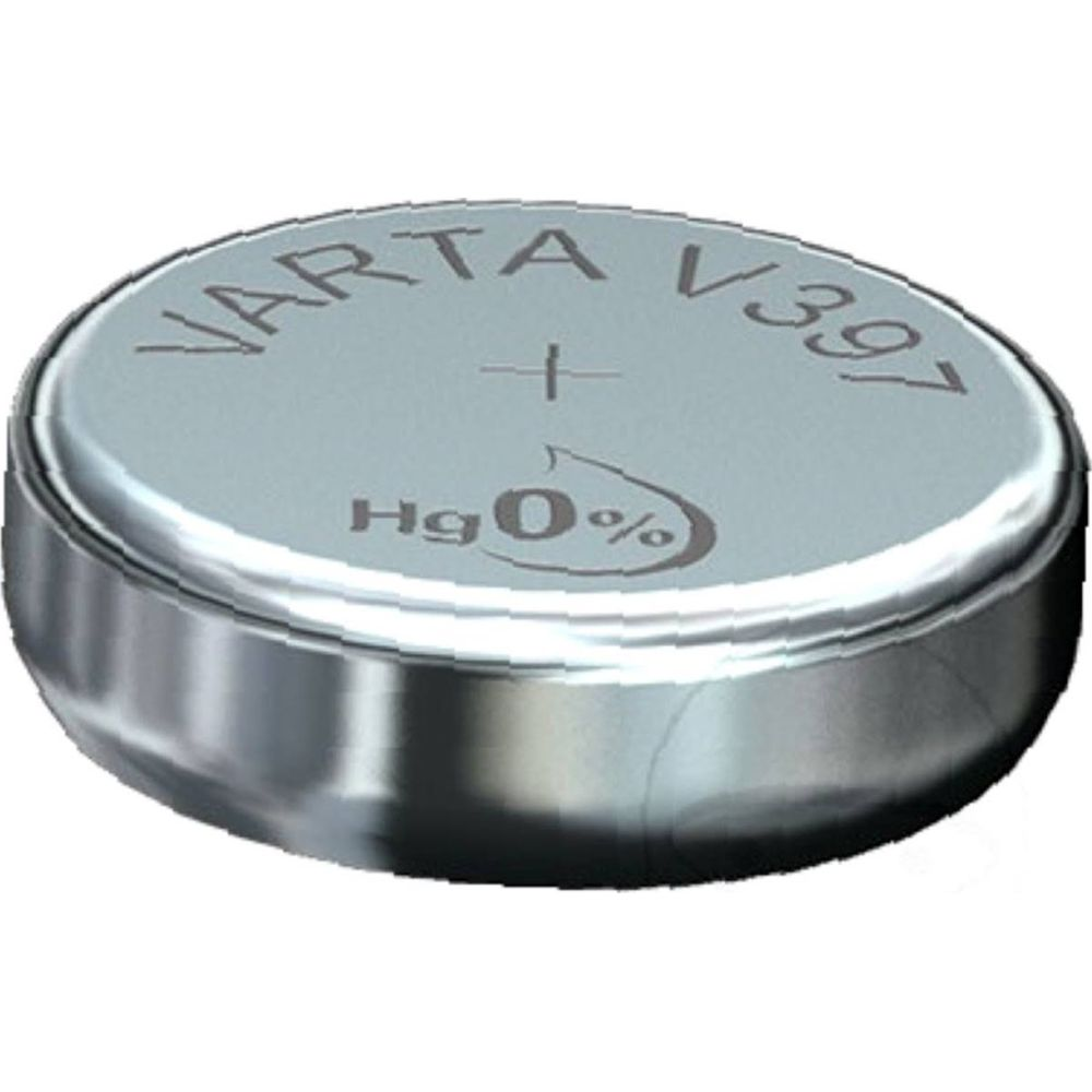 Bateria guzikowa Varta V397 z oznaczeniem Hg 0%.