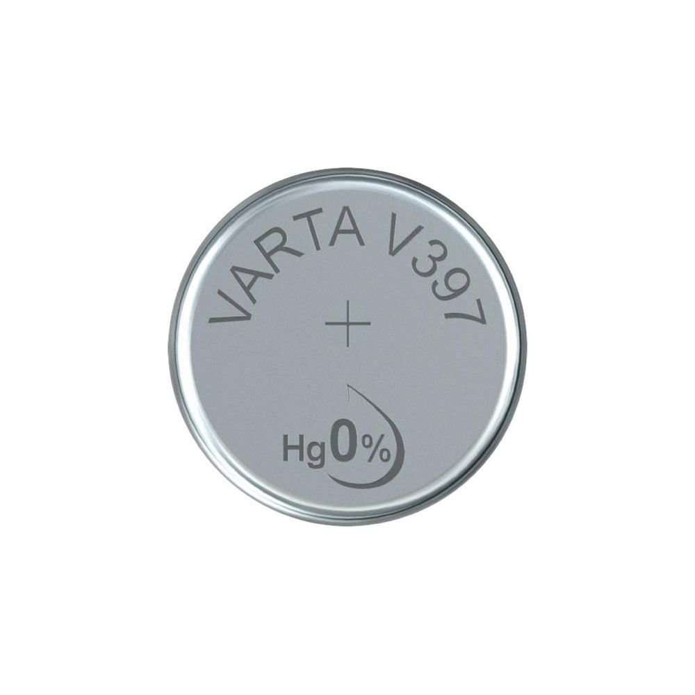 Bateria pastylkowa Varta V397 z oznaczeniem Hg 0%.