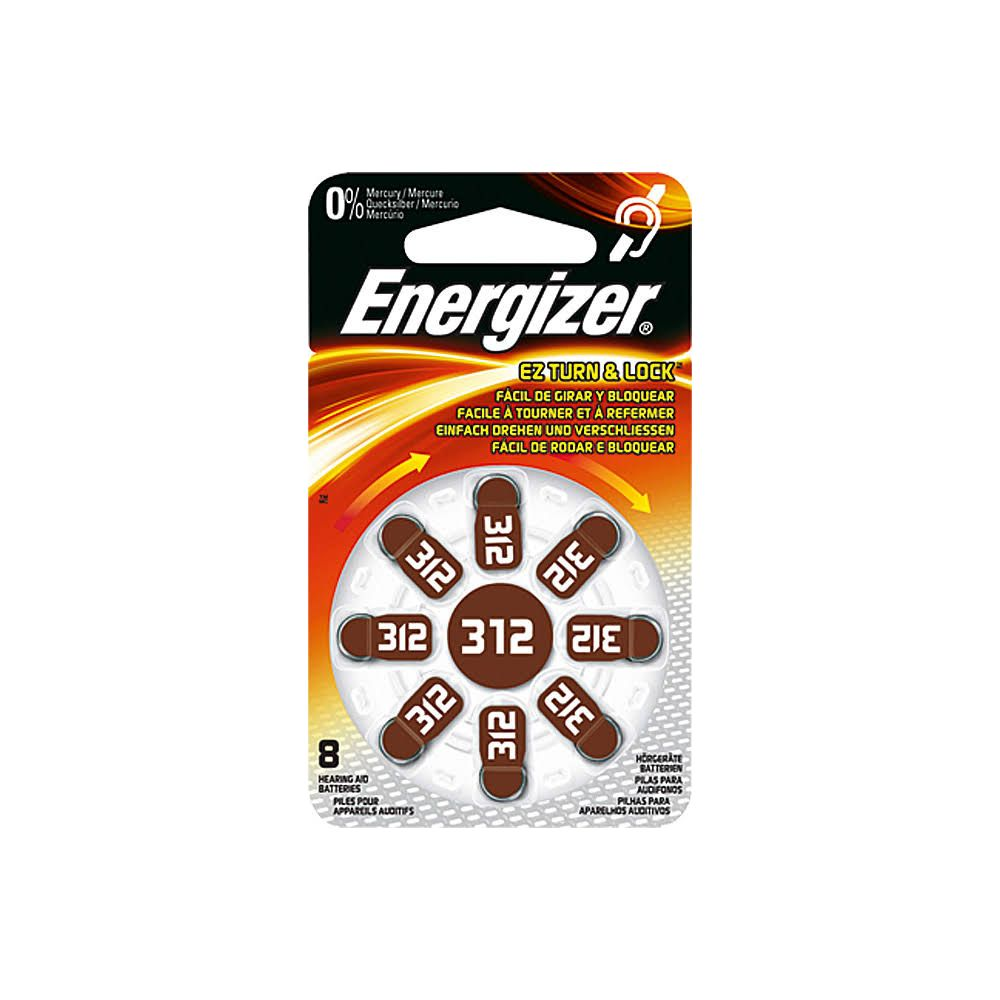 Batterie per apparecchi acustici Energizer, confezione da 8, modello 312, 0% mercurio.
