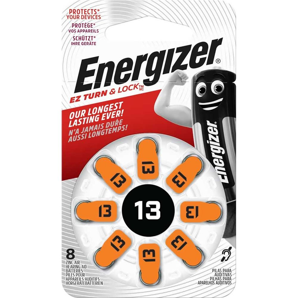 Batterie acustiche Energizer, confezione da 8, misura 13, con personaggio dei cartoni animati.