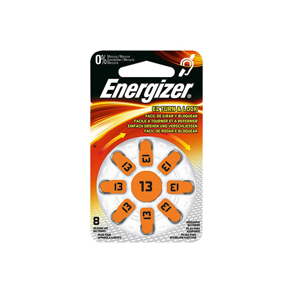 Confezione Energizer da 8 pile acustiche, tipo 13, in imballaggio arancione.