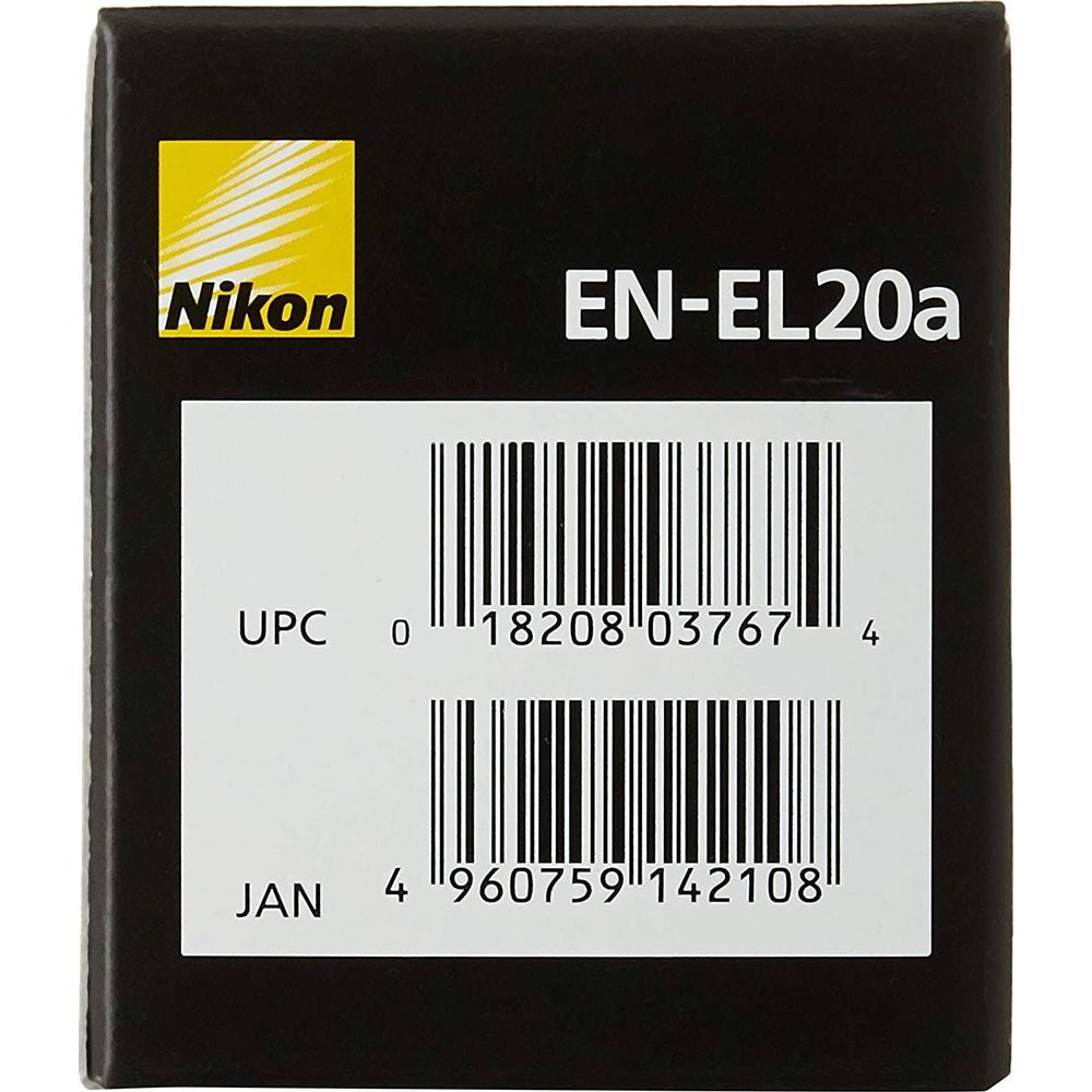Nikon EN-EL20a Batterie-Verpackung mit Barcodes und Modellnummer.