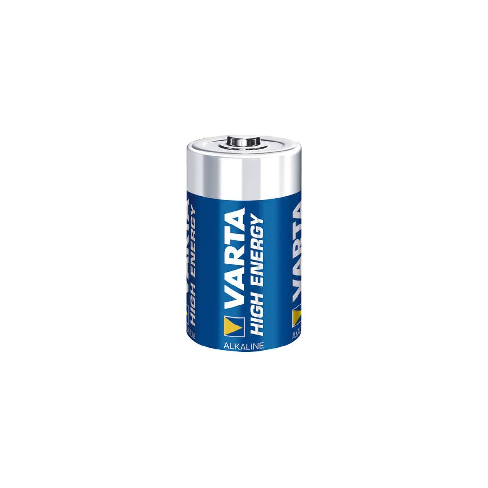 Una batteria alcalina Varta High Energy su sfondo bianco.
