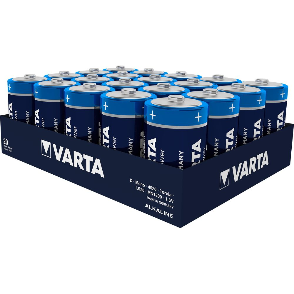 Una confezione di batterie Varta D-Mono con cime blu e argentate su sfondo blu scuro.