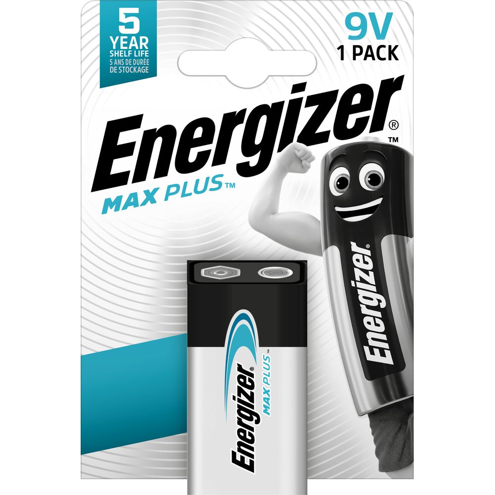 Opakowanie baterii Energizer 9V Max Plus z postacią baterii z kreskówki.