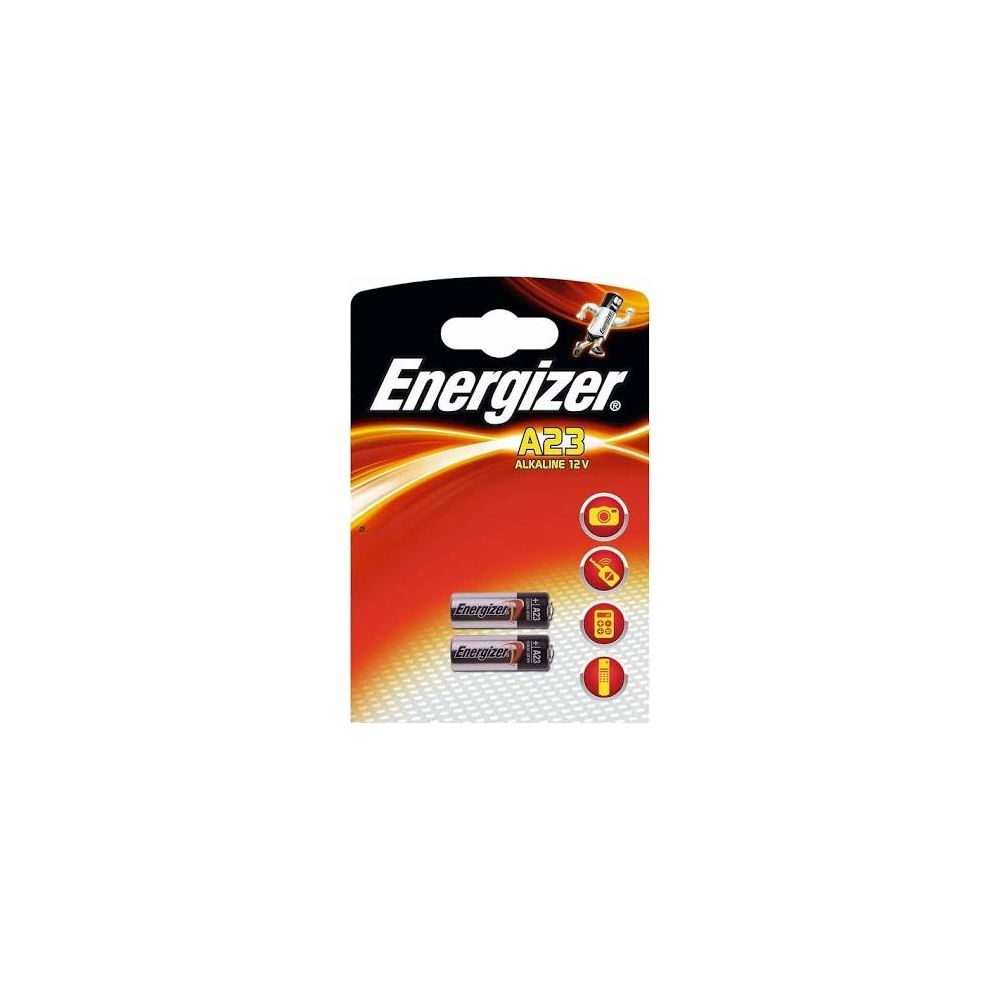 Baterie alkaliczne Energizer A23 12V w opakowaniu z ikonami aparatu, pilota i zabawki.