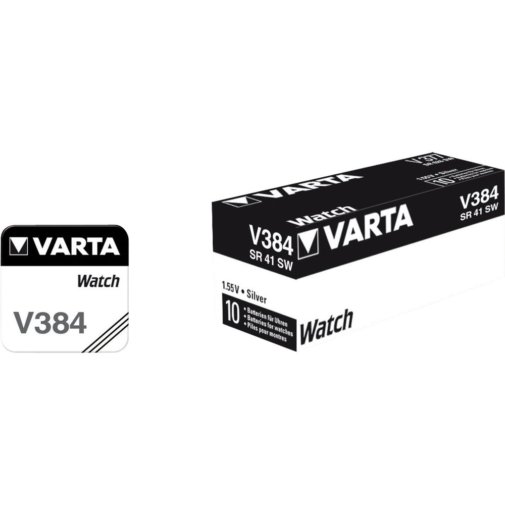 Varta V384 watch batteries, 1.55V, pack of 10. Silver color.