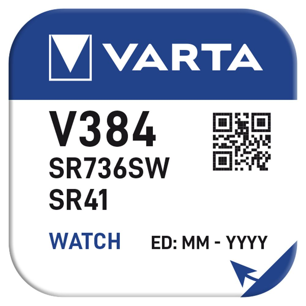 Varta V384 SR736SW SR41 watch battery, with QR code and EXP: MM - YYYY.