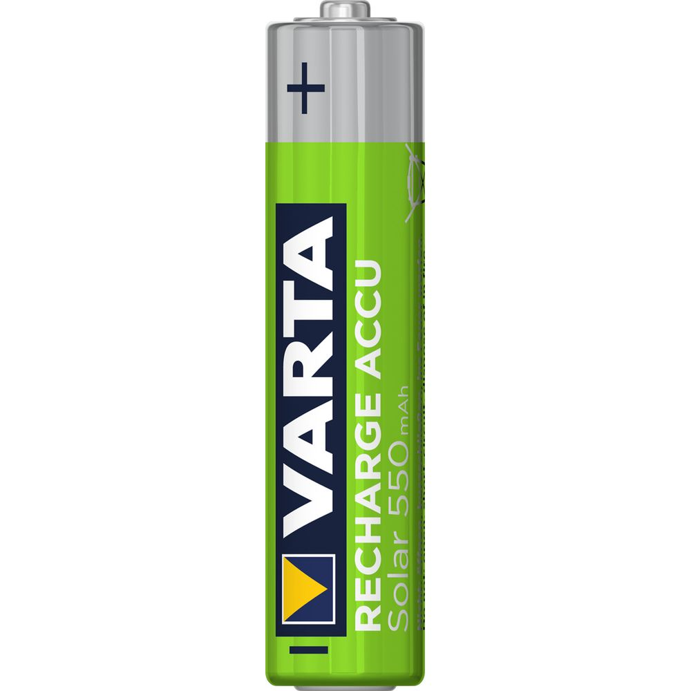 Una batteria AA ricaricabile solare Varta con un segno più in alto.