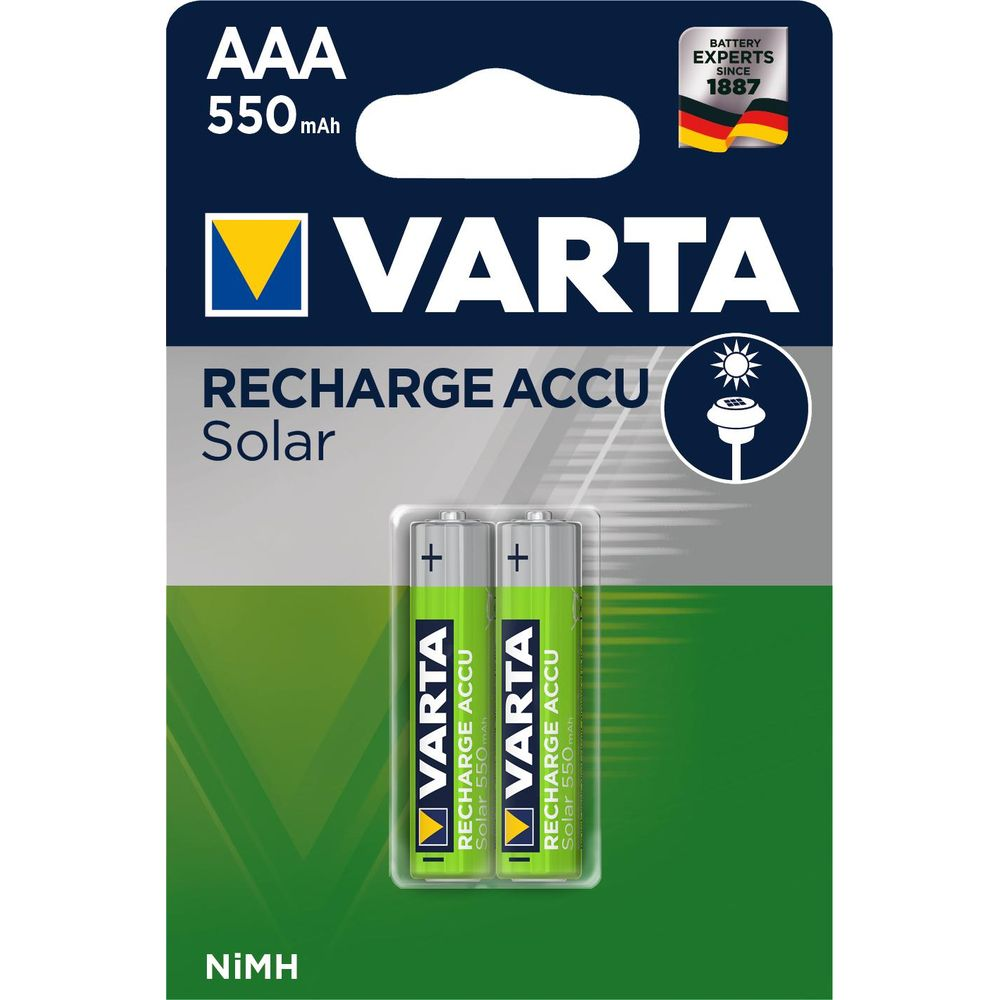 Batterie solari ricaricabili Varta AAA, 550mAh, NiMH. Due batterie verdi mostrate.