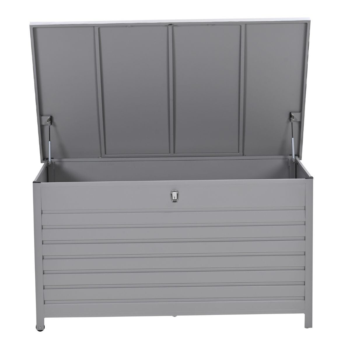 Grijze opbergbox met open deksel en grendel.