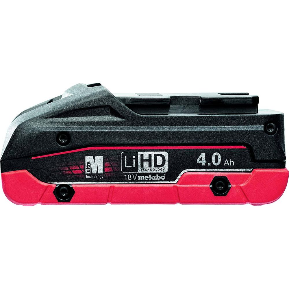 Ein schwarzer und roter Metabo 18V LiHD 4,0 Ah Akku mit M-Logo.
