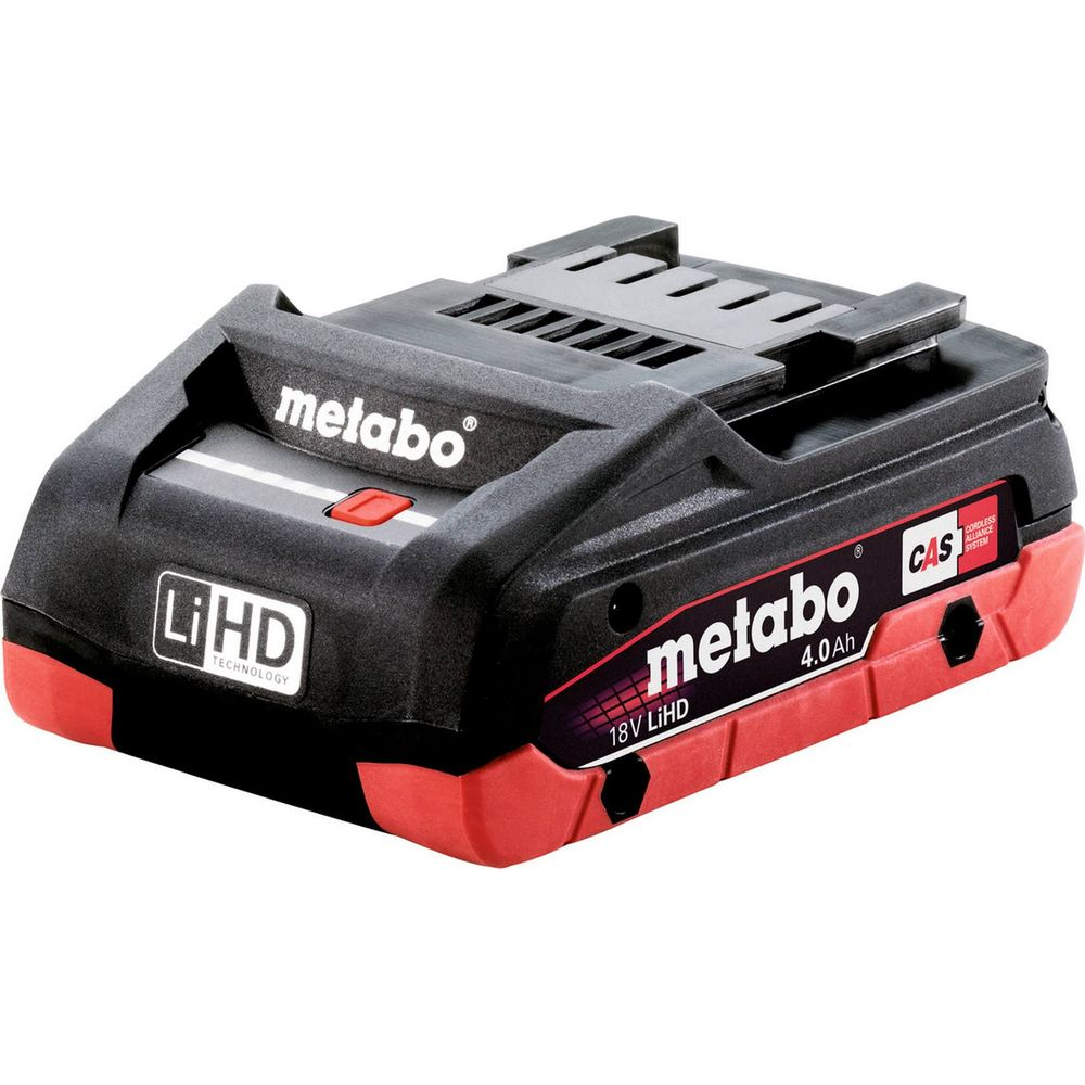 Schwarzer und roter Metabo LiHD 18V 4.0Ah Akku mit CAS-Logo.
