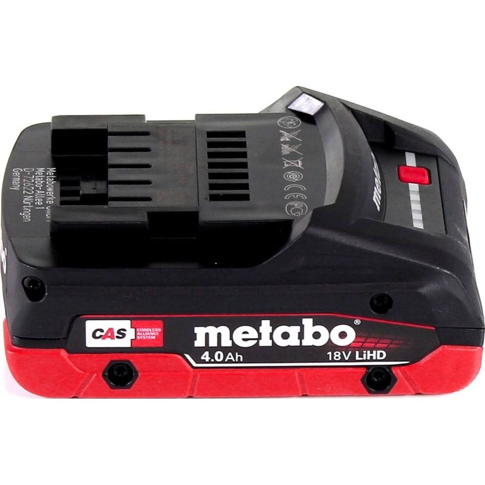 Schwarzer und roter Metabo Akku mit 4.0 Ah und 18V.