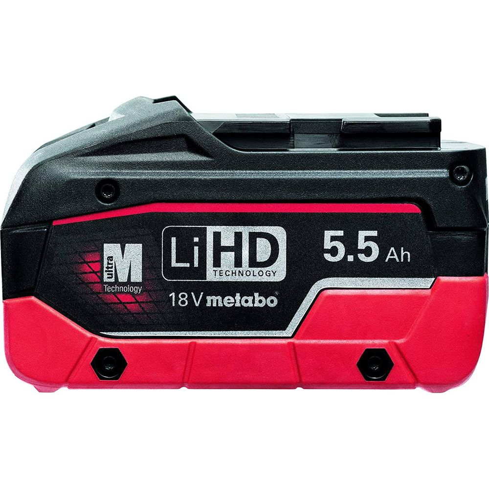 Rote und schwarze Metabo 18V 5.5Ah LiHD Akku mit "ULTRA TECHNOLOGY".